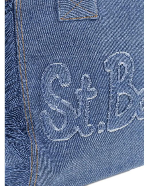 Mc2 Saint Barth Blue Vanity Fringed Logo Denim Tote Bag
