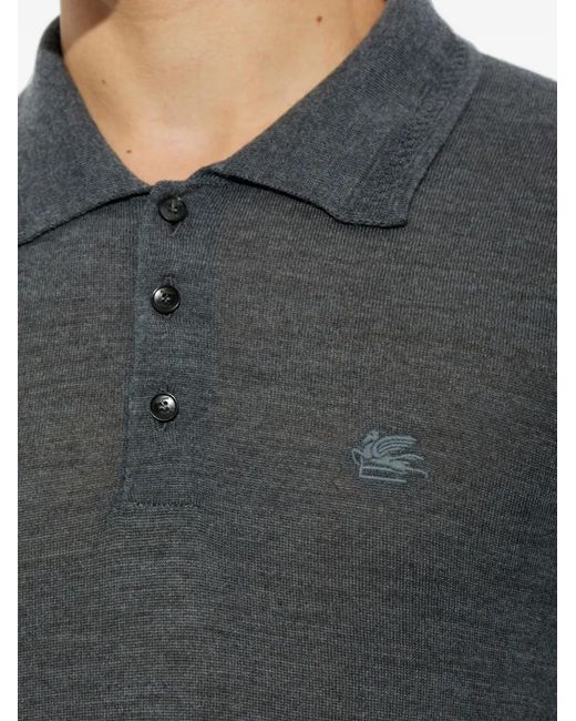Etro Blue Logo-Embroidered Long-Sleeve Polo Shirt for men