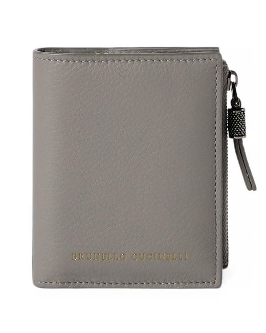 Brunello Cucinelli Gray Portefeuille Compact En Cuir De Veau Grainé Avec Tirette Brillante