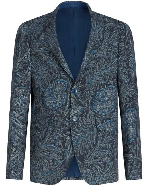 Etro Blue Single-Breasted Floral-Print Jacket for men