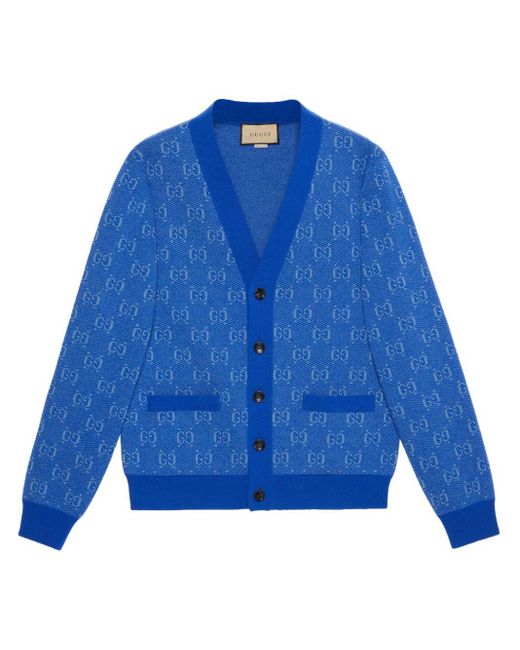 Gucci Blue GG Jacquard Wool Cardigan for men