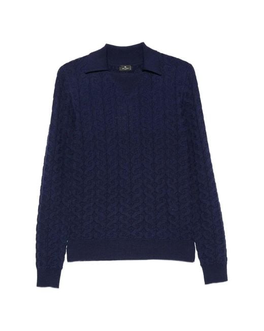 Etro Blue Cable-Knit Polo-Collar Sweater