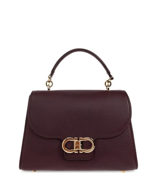 Ferragamo Purple Double Gancini Leather Tote Bag