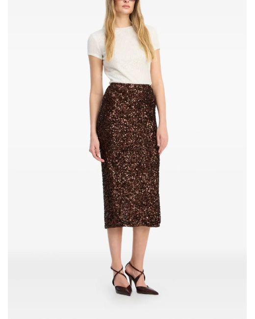 ROTATE BIRGER CHRISTENSEN Brown Sequin-Embellished Midi Pencil Skirt
