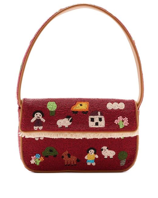 Staud Red X Folk Town Beaded Fringed Shoulder Bag