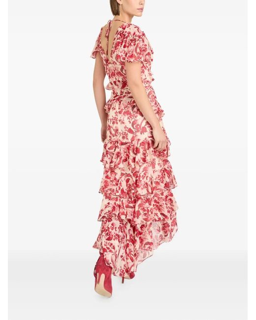 Cinq À Sept Red Floral Ruffled Midi Dress