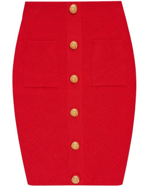 Balmain Red Button-Embellished Midi Skirt