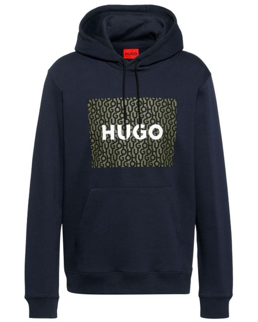 Hoodie en coton à logo imprimé HUGO pour homme en coloris Blue