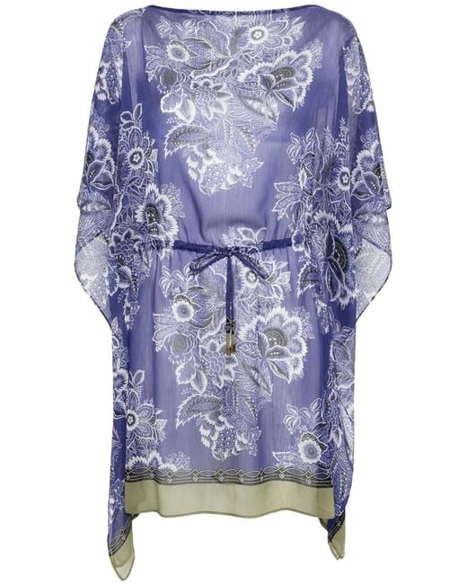 Etro Blue Floral-Print Kaftan Dress