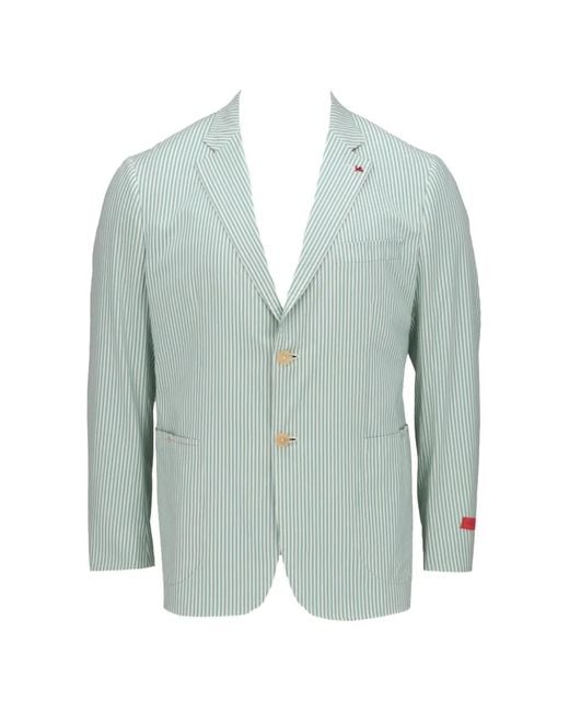 Isaia Green Vertical-Stripe Single-Breasted Blazer for men