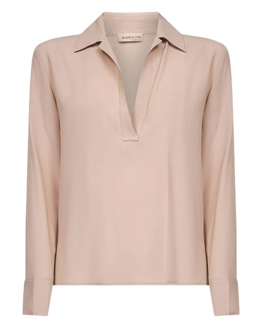 Blanca Vita Pink V-Neck Buttoned-Cuff Top