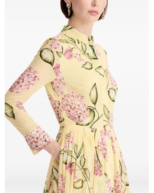 Oscar de la Renta Metallic Porcelain Flower Cotton Poplin Long-Sleeve Dress