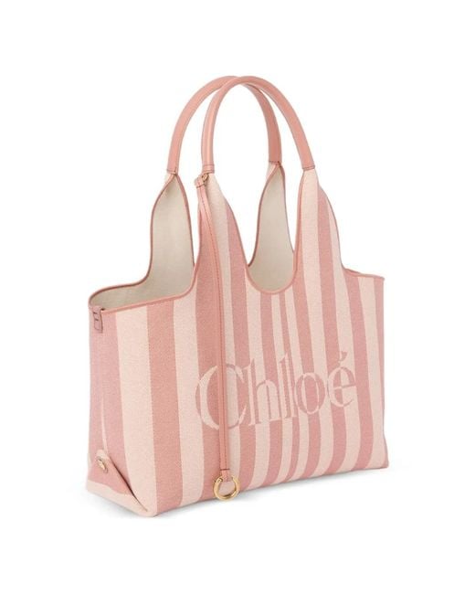 Chloé Pink Stripy Logo-Print Striped Tote Bag