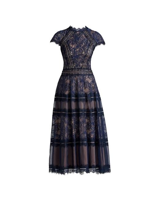 Tadashi Shoji Blue Robe Mi-Longue Ahern Brodée À Volants Superposés
