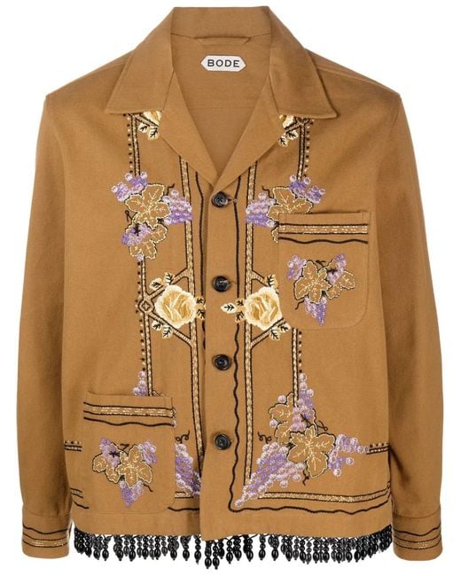 Bode Brown Autumn Royal Floral-Embroidered Shirt Jacket for men