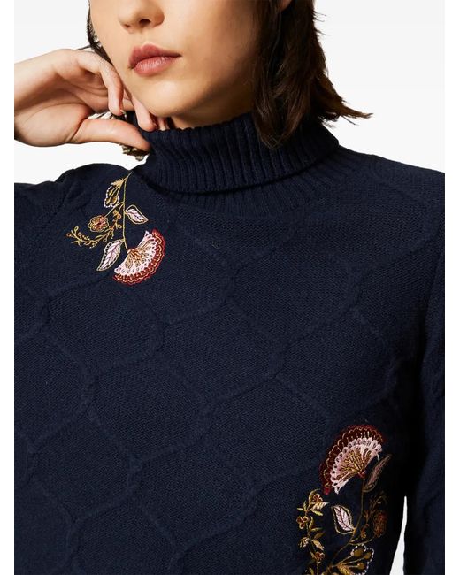 Twinset Blue Turtleneck Wool Jumper With Floral Embroidery