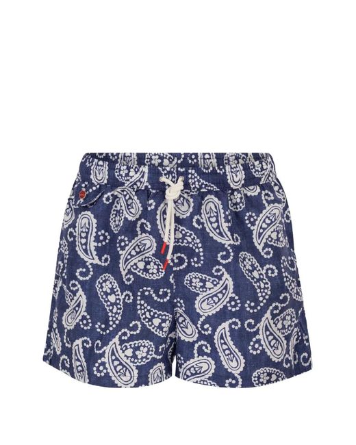 Kiton Blue Patterned Drawstring-Fastening Swim Shorts for men