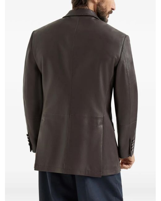 Brunello Cucinelli Black Peak-Lapels Leather Blazer for men