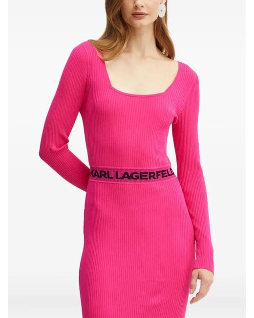 Karl Lagerfeld Midi-Jurk Met Vierkante Hals En Logo in het Pink