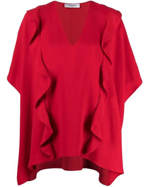 Valentino Garavani Red Ruffled Drape Blouse