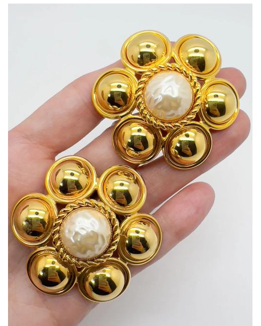 JENNIFER GIBSON JEWELLERY Metallic Vintage Statement &Amp; Pearl Flower Earrings 1960S