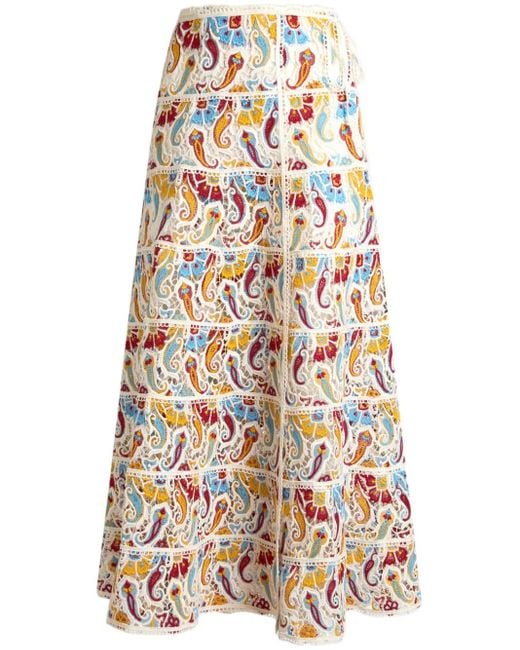 Etro White Paisley-Macramé Midi Skirt