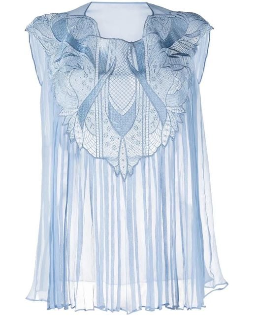 Alberta Ferretti Blue Lace-Embellished Silk Top