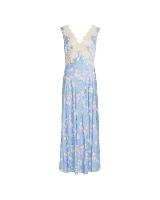 Rixo Blue Lace-Detail Floral Midi Dress