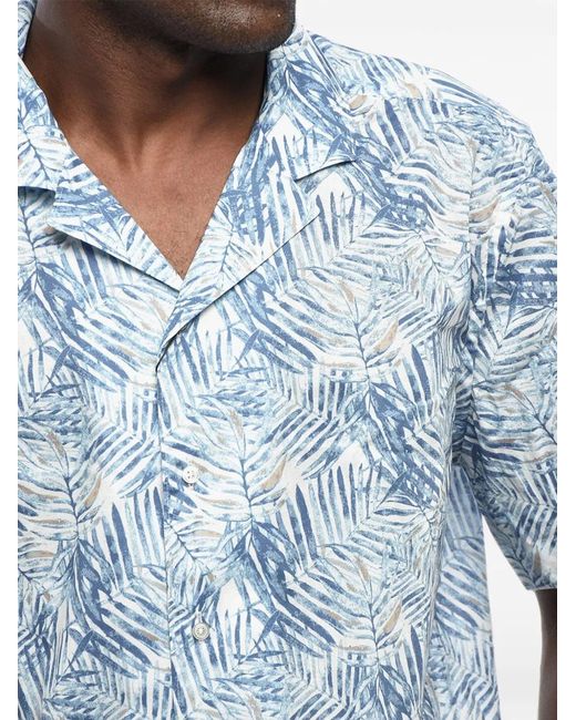 Corneliani Blue Botanical-Print Cuban-Collar Shirt for men