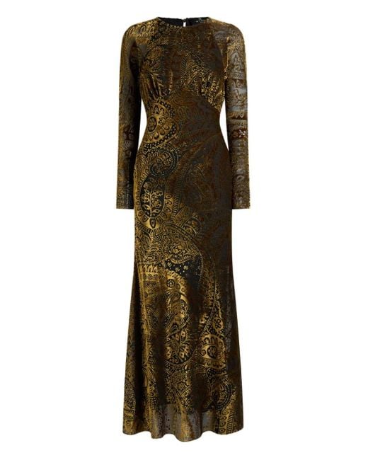 Etro Brown Long Burnout Velvet Dress With Floral Paisley Motif
