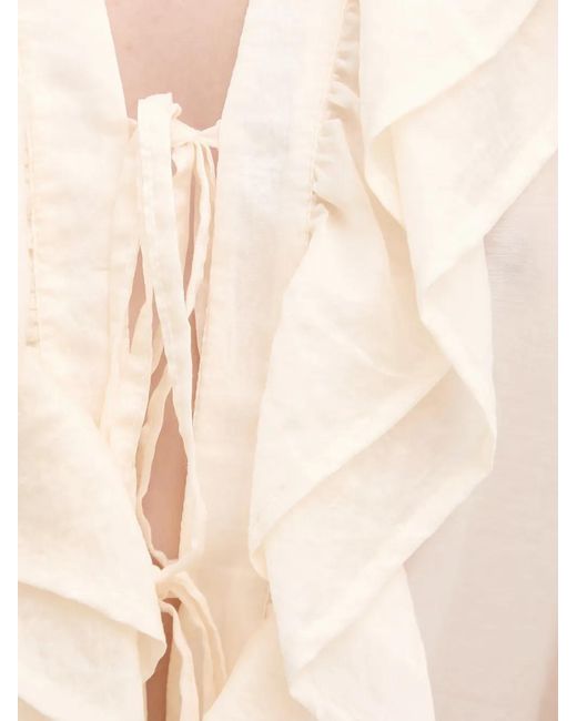 Haveone Natural Ruffled Front-Tie Blouse