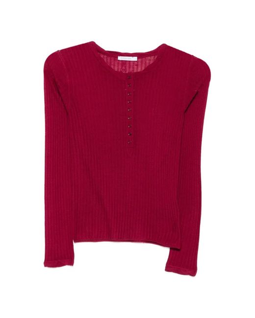 Patrizia Pepe Red Rib-Knit Button-Placket Sweater