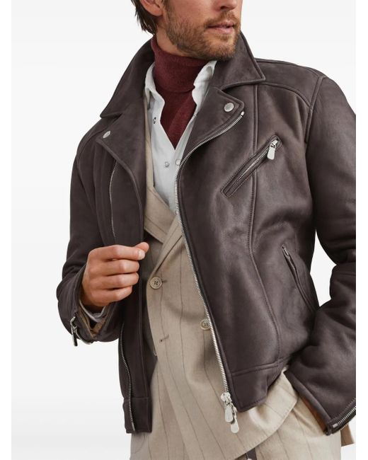 Brunello Cucinelli Gray Shearling-Lined Leather Jacket for men