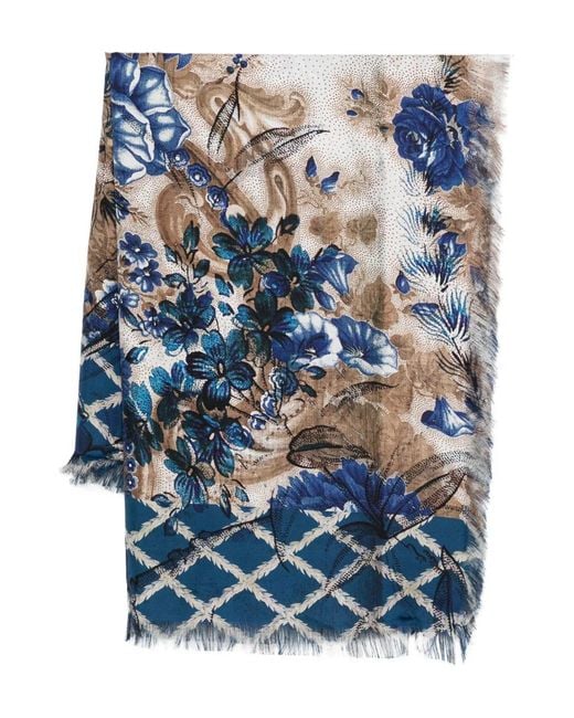 Pierre Louis Mascia Blue Aloeuw Floral-Print Fringed-Edge Silk Scarf