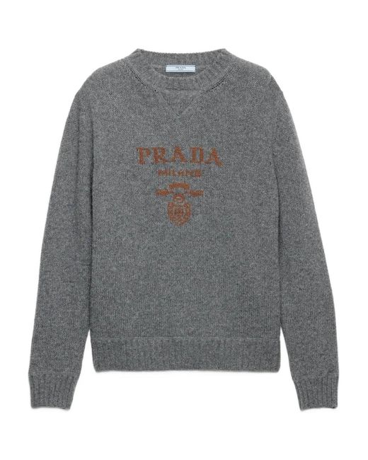 Prada Gray Intarsia-Logo Crew-Neck Sweater