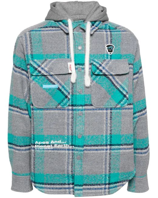 Aape By A Bathing Ape Blue Check-Pattern Hooded Wool-Blend Jacket for men