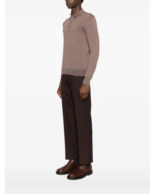 Tagliatore Brown Button-Placket Ribbed Polo Shirt for men