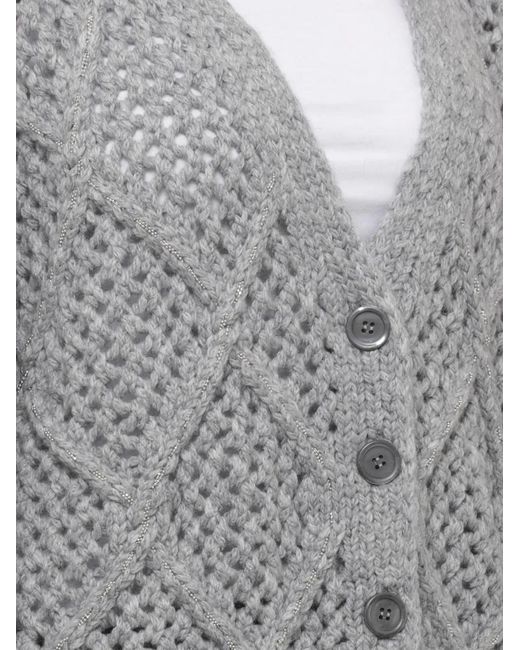 Peserico Gray Perforated-Knit Bead-Embellished Sweater