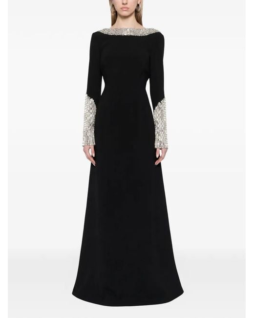 Dina Melwani Black Crystal-Embellished Open-Back Gown