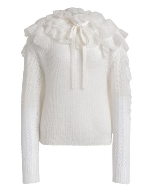 Alberta Ferretti White Gerüschter Pullover Mit Krawatte