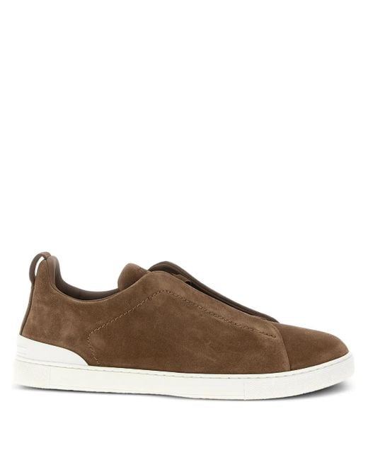 Zegna Brown Triple-Stitch Suede Sneakers for men