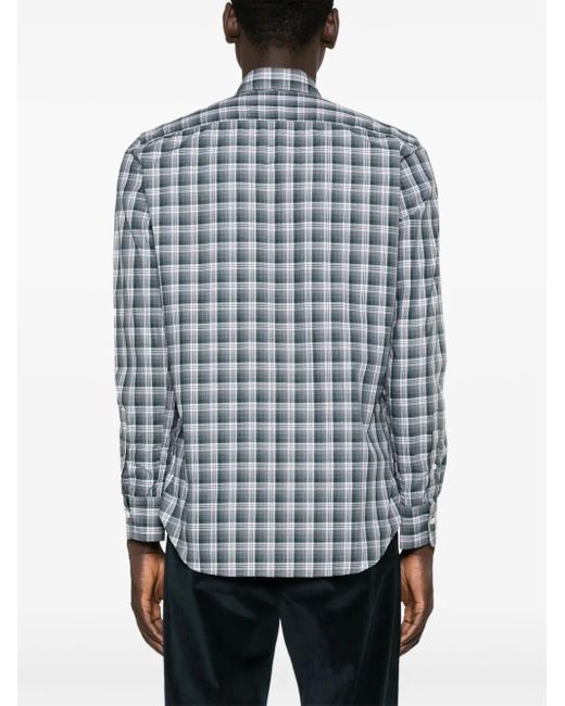 Canali Blue Checked Cotton Button-Down Shirt for men