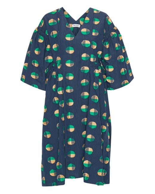 Henrik Vibskov Blue Re-Pump Circle-Print Puff-Sleeve Midi Dress