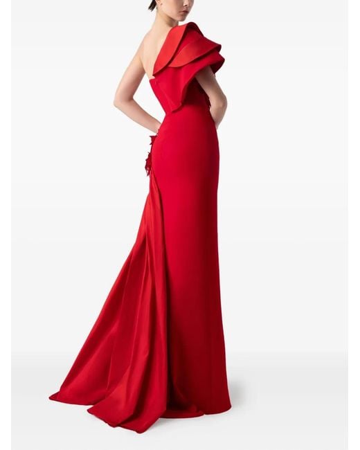 Gaby Charbachy Red Ruffle-Detail Side-Split Evening Gown