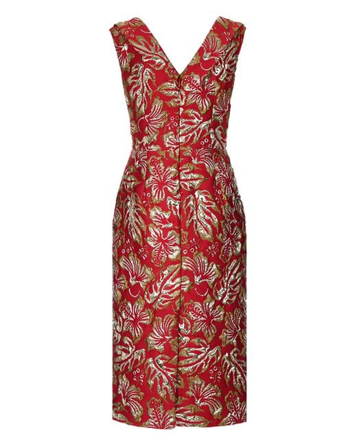Prada Red Hibiscus-Motif Jacquard Midi Dress