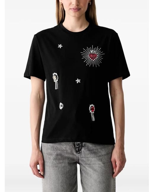 Liu Jo Black Crystal-Embellished Heart-Motif T-Shirt