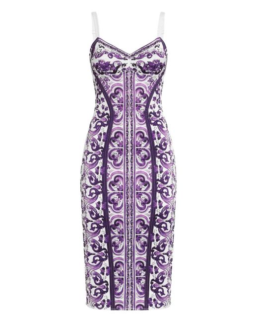 Abito Midi Con Stampa Maioliche di Dolce & Gabbana in Purple
