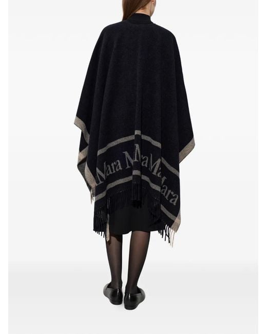 Max Mara Black Hilde Logo-Intarsia Fringed-Edge Poncho