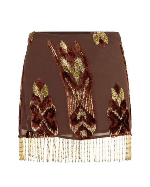 Roberto Cavalli Brown Bead-Fringe Devoré-Velvet Mini Skirt