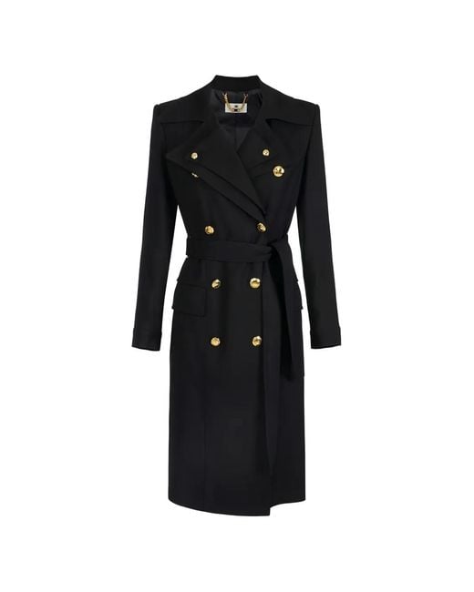 Elisabetta Franchi Black Double-Breasted Flap-Pocket Trench Coat